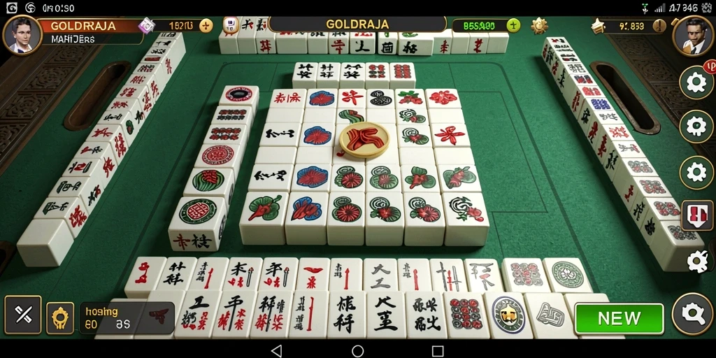 Tampilan gameplay <strong>GOLDRAJA</strong> yang menampilkan ubin Mahjong yang penuh warna.