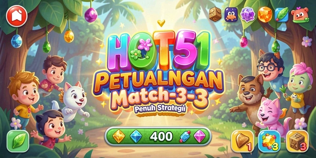 Screenshot gameplay HOT51 menunjukkan karakter ceria dalam aksinya mencocokkan item.