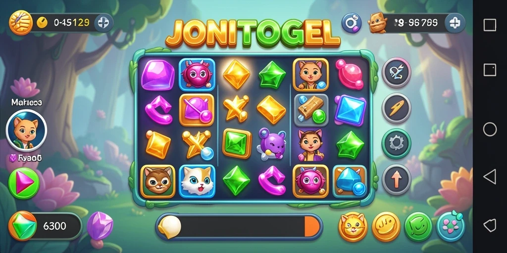 Tampilan gameplay JONITOGEL dengan objek Match-3 penuh warna.