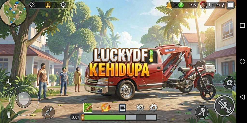 Screenshot menampilkan gameplay LUCKYDF dengan karakter yang berinteraksi.