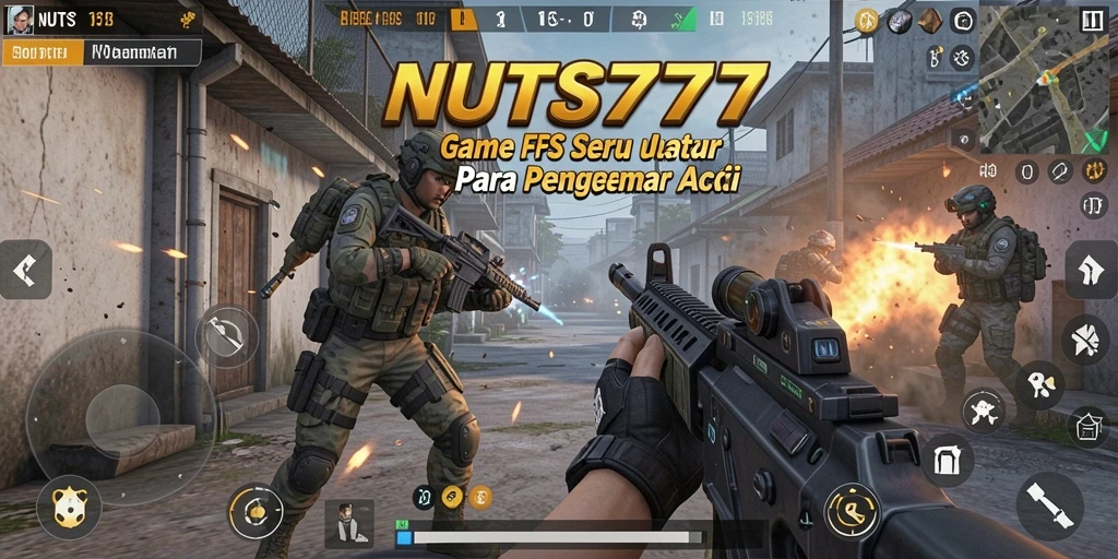 Screenshot utama NUTS777 menampilkan aksi tembakan yang intens di medan perang.