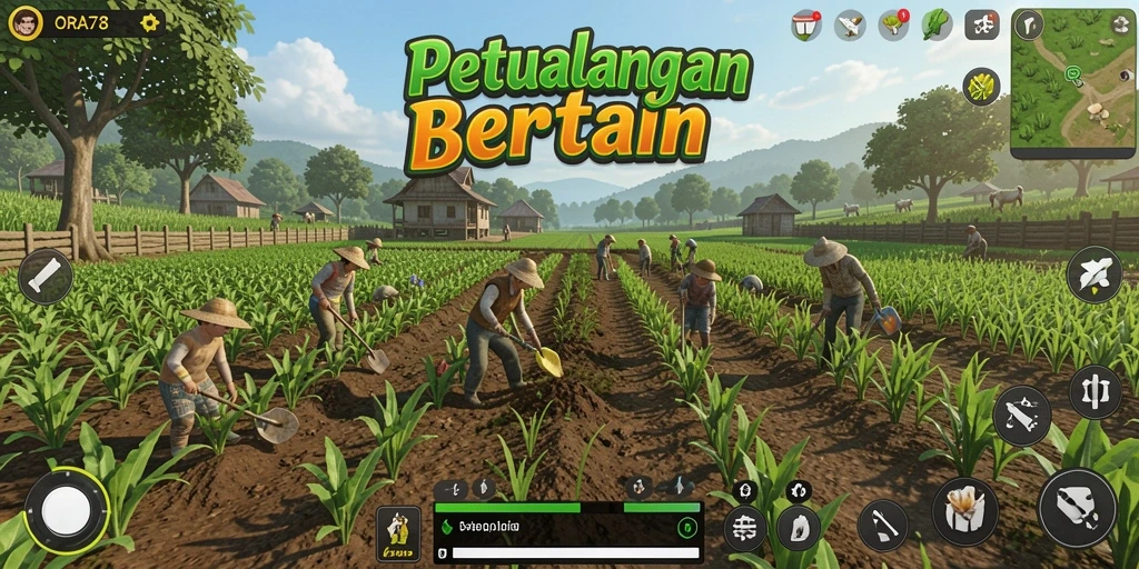 Screenshot gameplay menunjukkan aktivitas bertani di ladang yang subur.