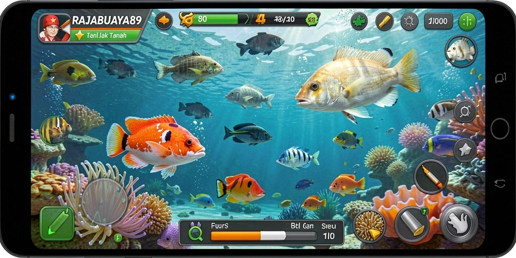 Screenshot gameplay RAJABUAYA89 menampilkan aksi menembak ikan yang seru.