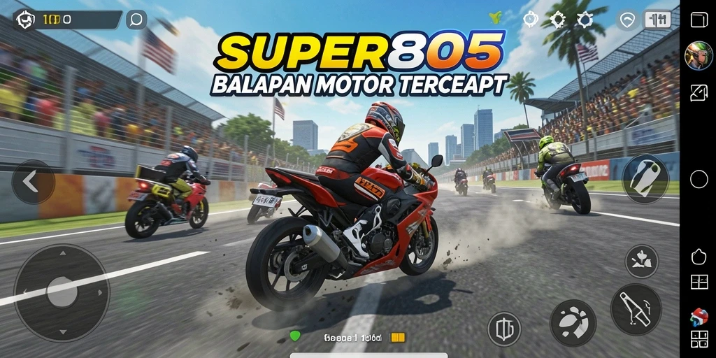 Screenshot utama menunjukkan aksi balapan motor yang mendebarkan di trek yang indah.