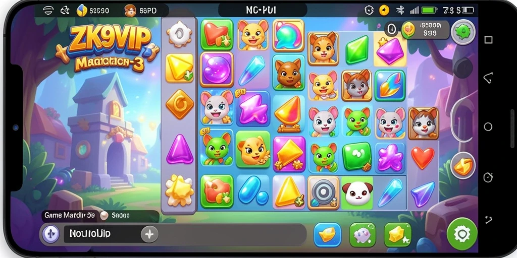 Screenshot utama ZK9VIP menunjukkan gameplay Match-3 yang seru dan penuh warna.
